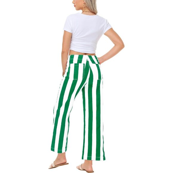 Women Striped Cropped Jeans Stretchy High Waist Wide Leg Pants Casual - Picture 7 of 7